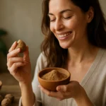 Žena drži guľu Triphaly a misku s práškom na zdravie