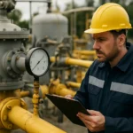 Inžinier kontroluje manometer tlaku zemného plynu na plynovom zariadení.