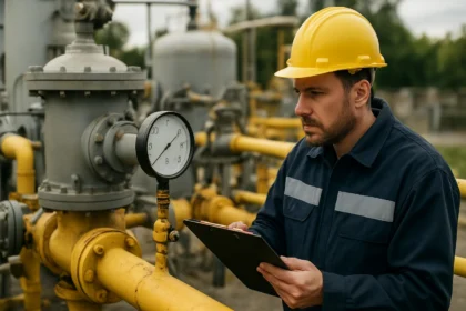 Inžinier kontroluje manometer tlaku zemného plynu na plynovom zariadení.