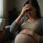 Tehotná žena so stresom a liekom v ruke