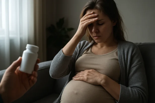 Tehotná žena so stresom a liekom v ruke