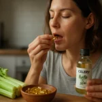 Žena užívajúca zelerový olej v kapsulách s čerstvým zelerom.