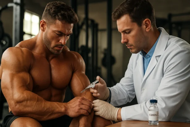 Kulturista prijímajúci GHRP-6 injekciu od lekára.