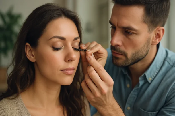 Žena s uzavretými očami a muž aplikujúci riasy