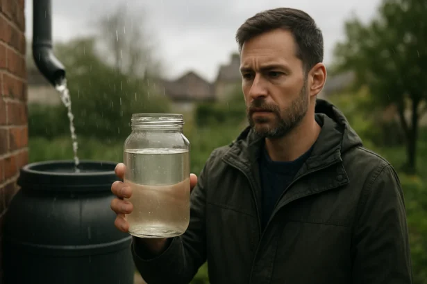 Muž skúma dažďovú vodu v sklenených nádobách na ekologickom dvore.