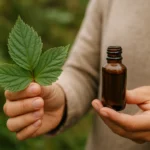 List černice a fľaštička s esenciou v prírodnom prostredí