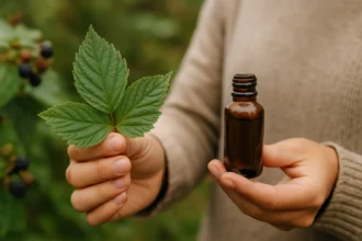 List černice a fľaštička s esenciou v prírodnom prostredí