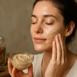 Žena s maskou z anízu na pleti a domácim receptom.