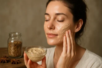 Žena s maskou z anízu na pleti a domácim receptom.