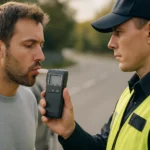 Policajt vykonávajúci meranie alkoholu pomocou alkoholtestera na vodičovi.