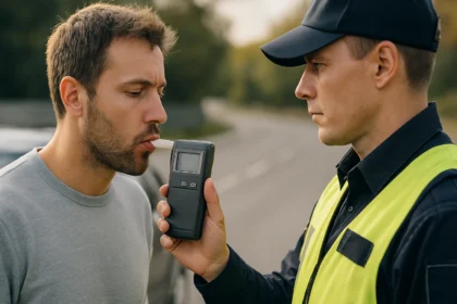 Policajt vykonávajúci meranie alkoholu pomocou alkoholtestera na vodičovi.