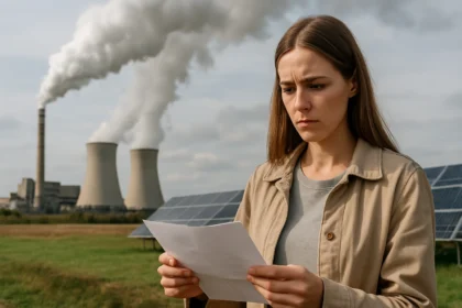 Žena s vážnym výrazom číta dokument pred elektrárňou a solárnymi panelmi.