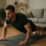 Muž vykonávajúci plank cvičenie na podložke v obývačke