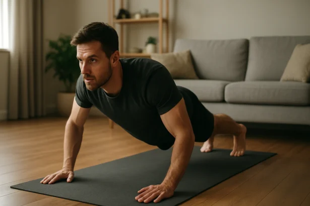 Muž vykonávajúci plank cvičenie na podložke v obývačke