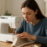 Začiatočníčka šije s novým šijacím strojom a látkou.