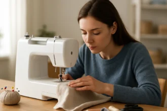 Začiatočníčka šije s novým šijacím strojom a látkou.