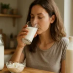 Žena pije kefír z pohára, okolo sú produkty kefíru.