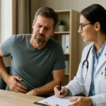 Muž trpiaci bolesťami brucha konzultuje s lekárkou o zlyhaní obličiek.