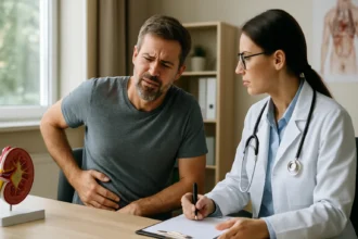 Muž trpiaci bolesťami brucha konzultuje s lekárkou o zlyhaní obličiek.