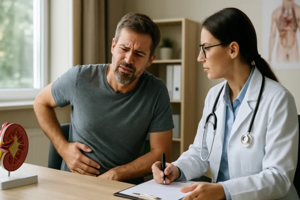 Muž trpiaci bolesťami brucha konzultuje s lekárkou o zlyhaní obličiek.