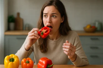 Žena ochutnáva červenú papriku s ostatnými farbami na stole.
