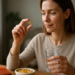 Žena s omega-3 kapsulou, vodou a porciou lososa