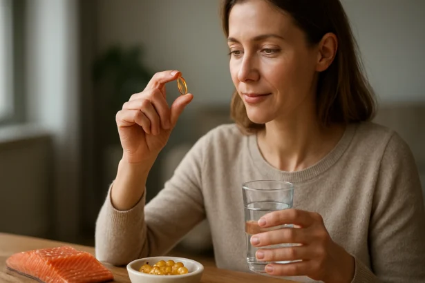 Žena s omega-3 kapsulou, vodou a porciou lososa