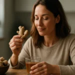 Žena s čerstvým zázvorom a šálkou zázvorového čaju v kuchyni.