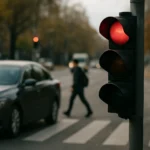 Červený semafor na rušnej ulici so zástupcom prechádzajúcim cez priechod.