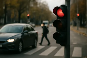 Červený semafor na rušnej ulici so zástupcom prechádzajúcim cez priechod.