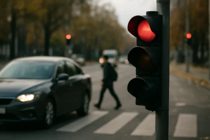 Červený semafor na rušnej ulici so zástupcom prechádzajúcim cez priechod.