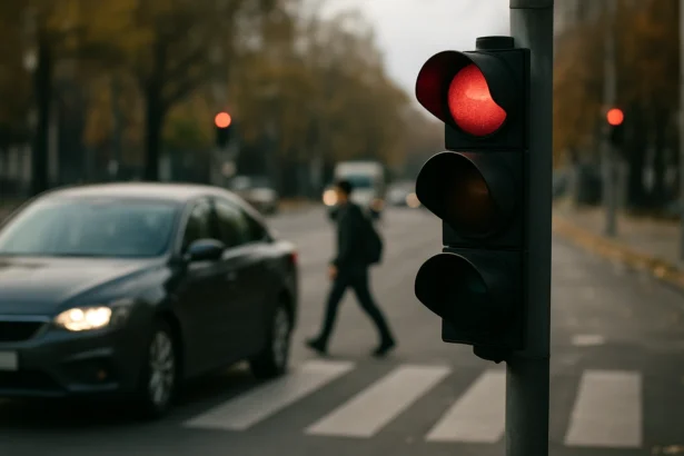 Červený semafor na rušnej ulici so zástupcom prechádzajúcim cez priechod.
