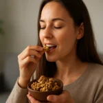 Žena vychutnáva si orechy z misy, prospievajúce zdraviu.