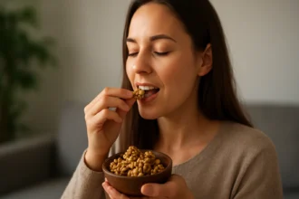 Žena vychutnáva si orechy z misy, prospievajúce zdraviu.