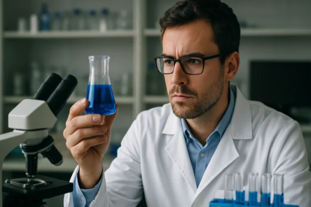 Vedec skúma modrú tekutinu v laboratóriu s mikroskopom.