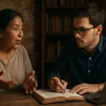 Žena rozpráva a muž píše v knihe, symbolizujúći ústnu tradíciu a písomnosť.