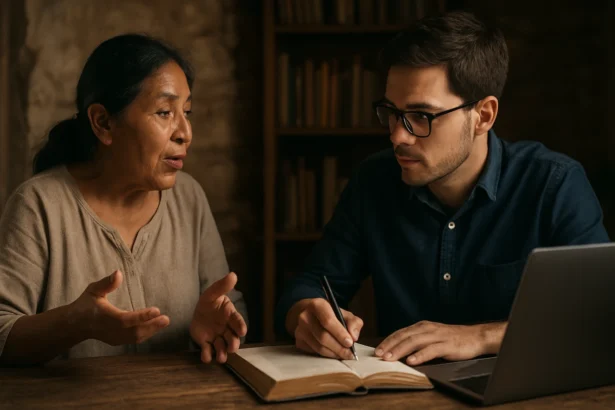 Žena rozpráva a muž píše v knihe, symbolizujúći ústnu tradíciu a písomnosť.