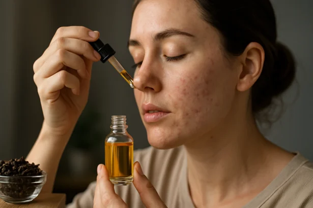 Žena aplikuje prírodný olej na pleť s akné