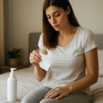 Žena sa stará o intímnu hygienu s čistiacim prípravkom.