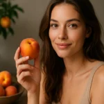 Mladá žena držiaca broskyňu, obklopená čerstvými broskyňami.