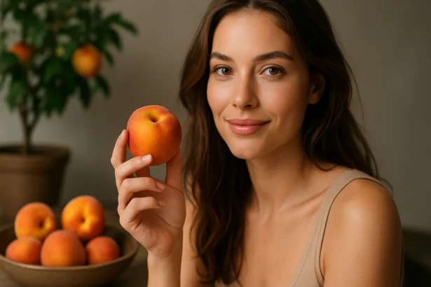 Mladá žena držiaca broskyňu, obklopená čerstvými broskyňami.