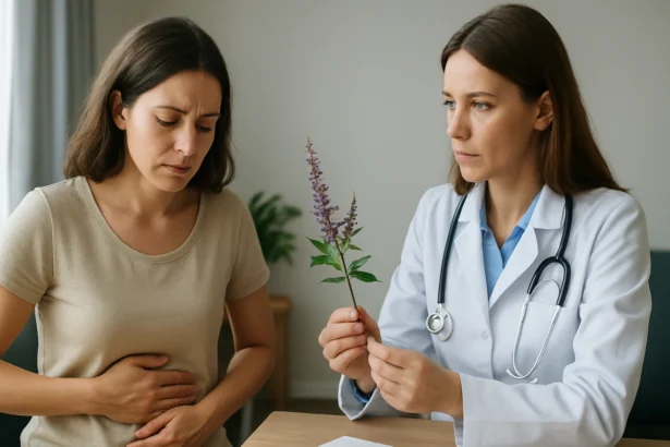 Žena trpiaca bolesti brucha sa zúčastňuje konzultácie s lekárom o Vitexe.