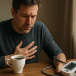 Muž s kávou a meračom krvného tlaku zažíva nepríjemnosti.
