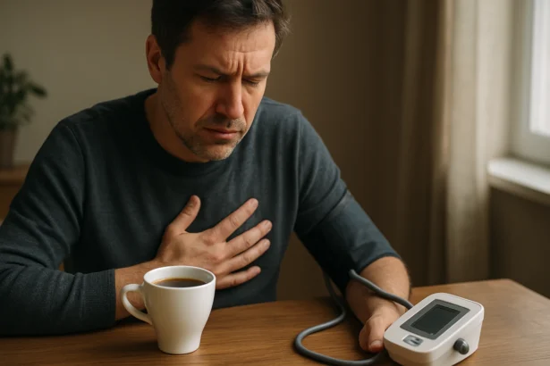 Muž s kávou a meračom krvného tlaku zažíva nepríjemnosti.
