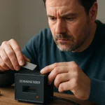 Muž odmagnetizuje predmet pomocou demagnetizátora.