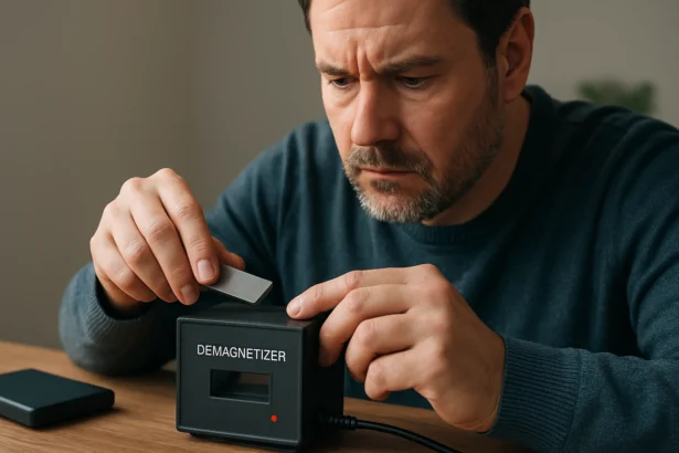 Muž odmagnetizuje predmet pomocou demagnetizátora.
