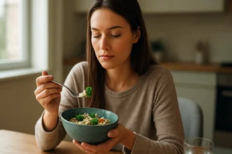 Žena si vychutnáva zdravú stravu s obsahom trypofánu