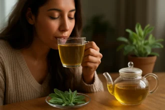 Žena vychutnáva šalviový čaj pri relaxácii doma.