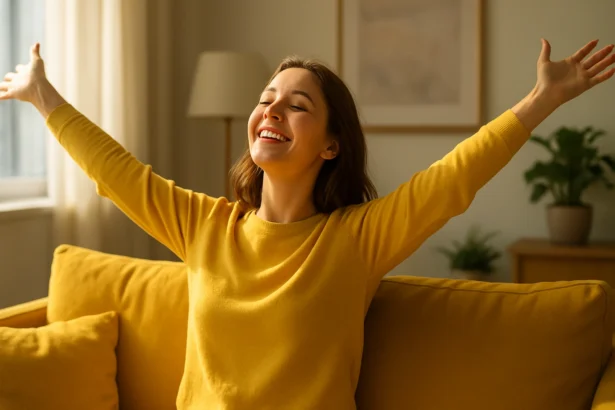 Žena v žltom pulóvri šíri pozitívnu energiu v interiéri.