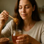 Žena vychutnávajúca pohánkový med s lyžicou v ruke